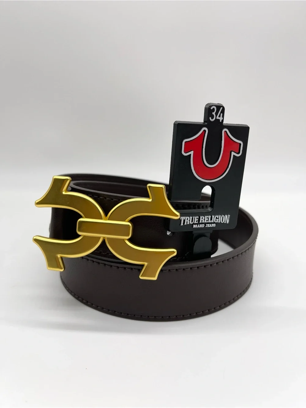True Religion Double Horseshoe Belt Brown Gold Size 34 Brand New NWT Y2K